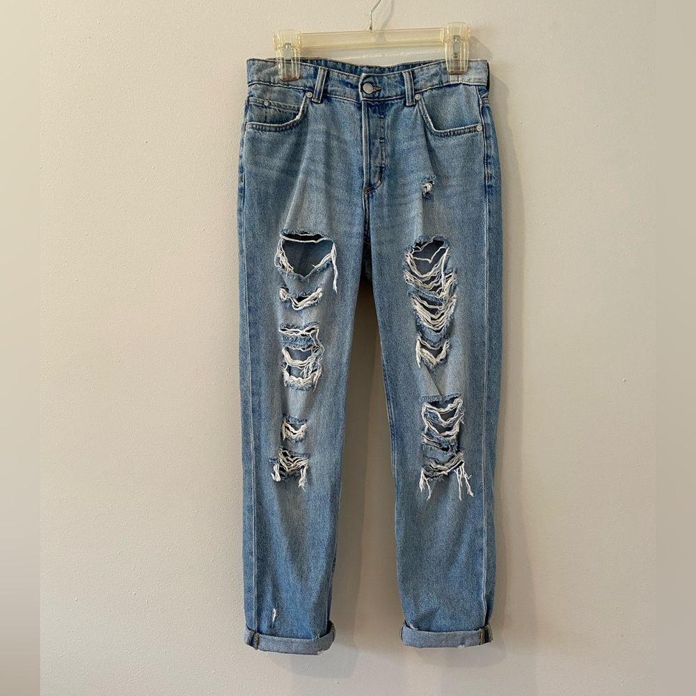 H&M & Denim Boyfriend Jeans Size 4 Distressed Button Fly Cuffed Hem 100% Cotton
